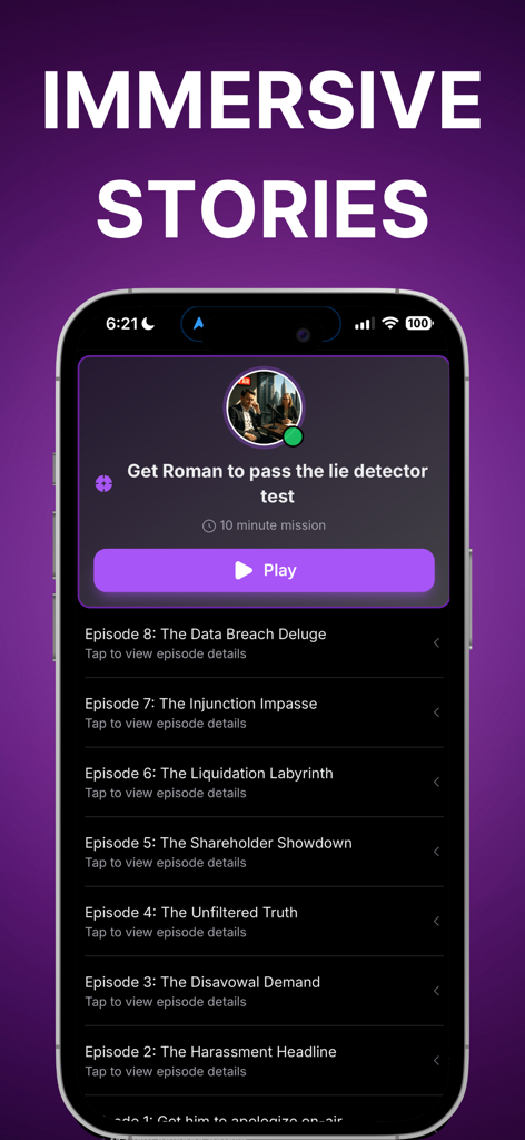 Sagaland - Interactive Fiction - Interface of the Sagaland app showing a list of interactive fiction episodes and a current mission