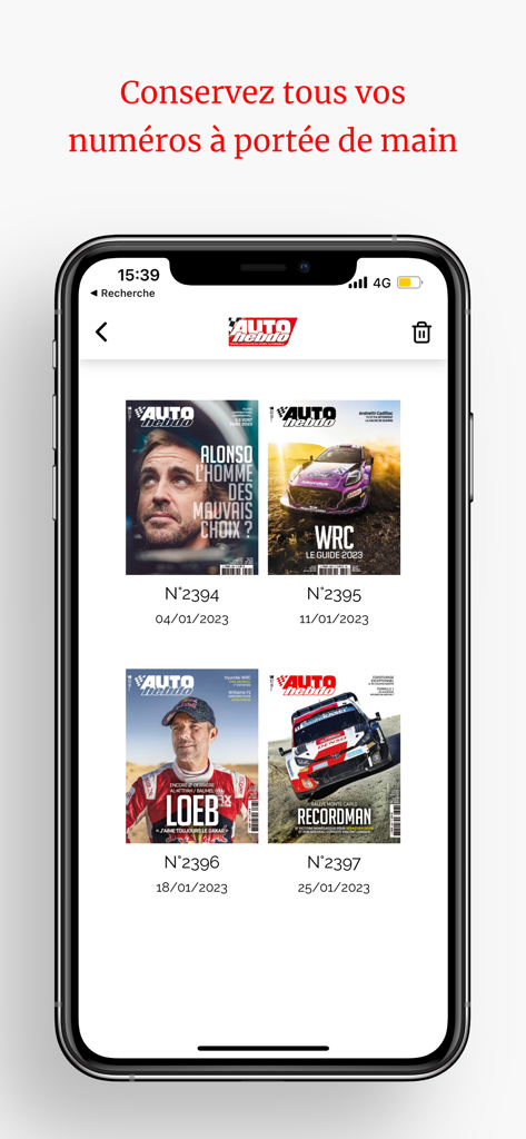 AUTOhebdo Magazine - Digital library view in the AUTOhebdo app showing several motorsport magazine issues with car racing covers