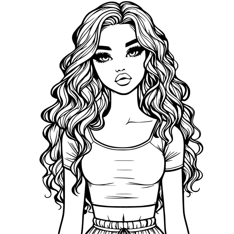 realistic girl with wavy hair and lips and crop top and skirt