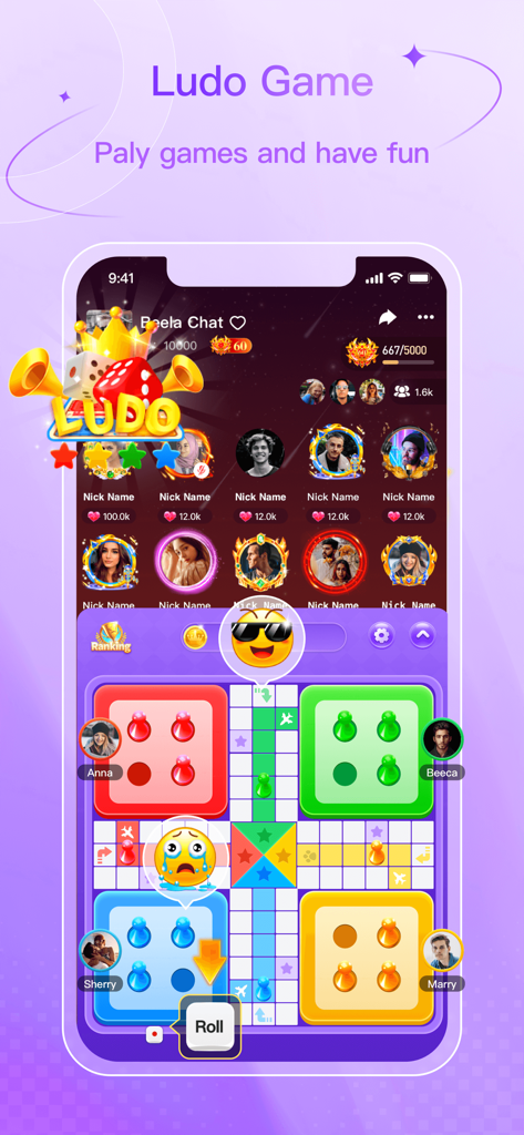 Beela Chat - Group Vocie Rooms - Interfaz de la aplicación móvil Beela Chat que muestra a un grupo de personas jugando Ludo mientras están en una sala de chat de voz.