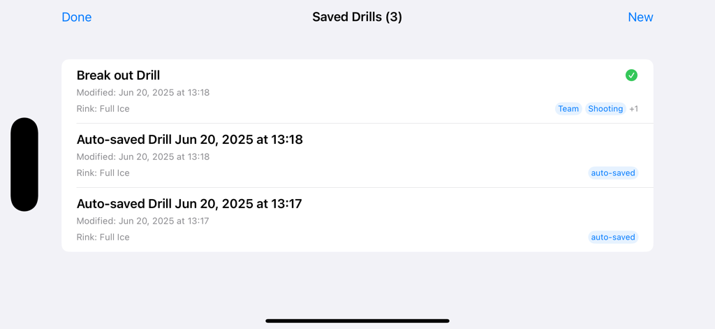 Ice Hockey Board Pro - A list of saved and auto-saved ice hockey drills within the Ice Hockey Board Pro app interface