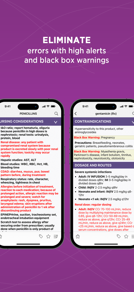 의약품에 대한 임상 안전 경고 및 블랙박스 경고를 표시하는 Mosby Drug Reference 앱 인터페이스