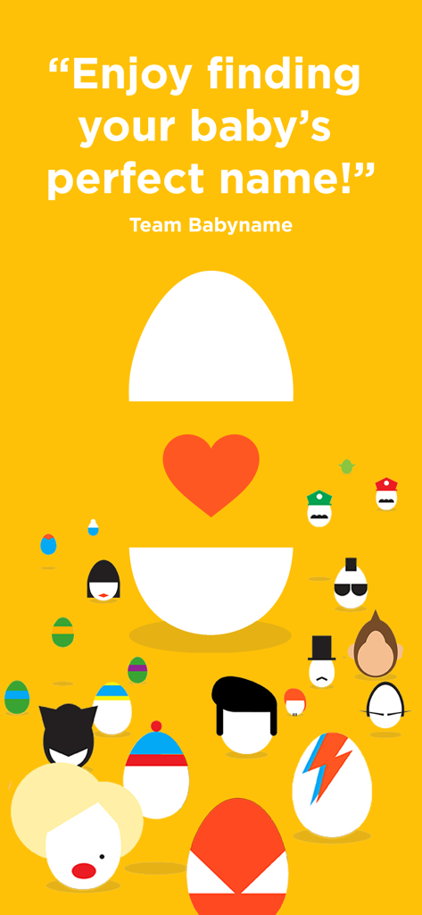 BabyName - find it together - Illustration of stylized egg characters representing various naming styles with a heart in the center on a yellow background