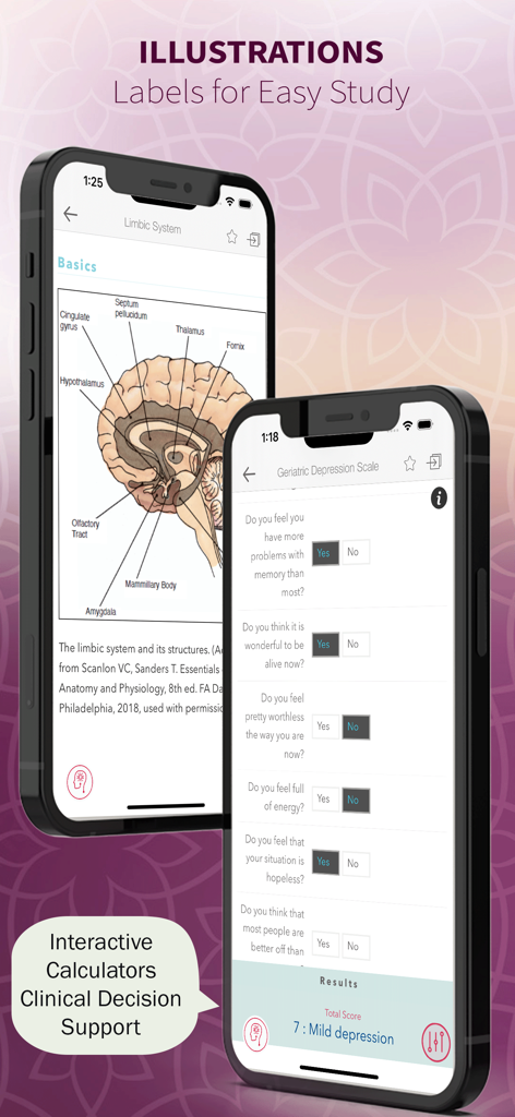 PsychNotes: Clinical Pkt Guide - PsychNotes mobile app screenshots showing a brain anatomy diagram and a geriatric depression scale assessment tool.
