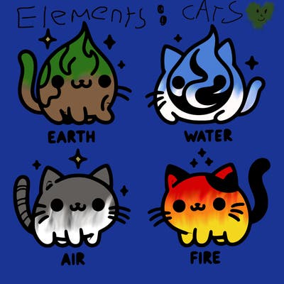 4 cats that represent the different elements, earth, water, air, and fire