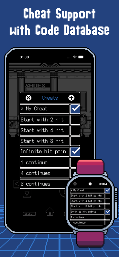 Menú de soporte de trucos de ArcEmu e interfaz de base de datos de códigos en iPhone y Apple Watch