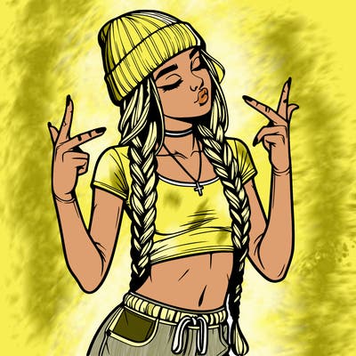 realistic teenage girl with braids and a beanie and crop top doing 🫶🏼