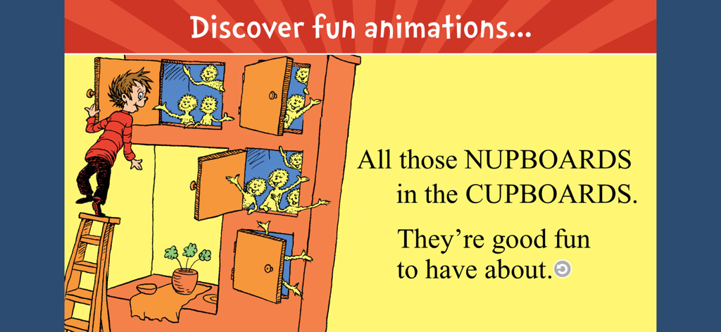 There's a Wocket in My Pocket! - Dr. Seuss book app scene showing a boy looking at animated creatures in a cupboard with rhyming text