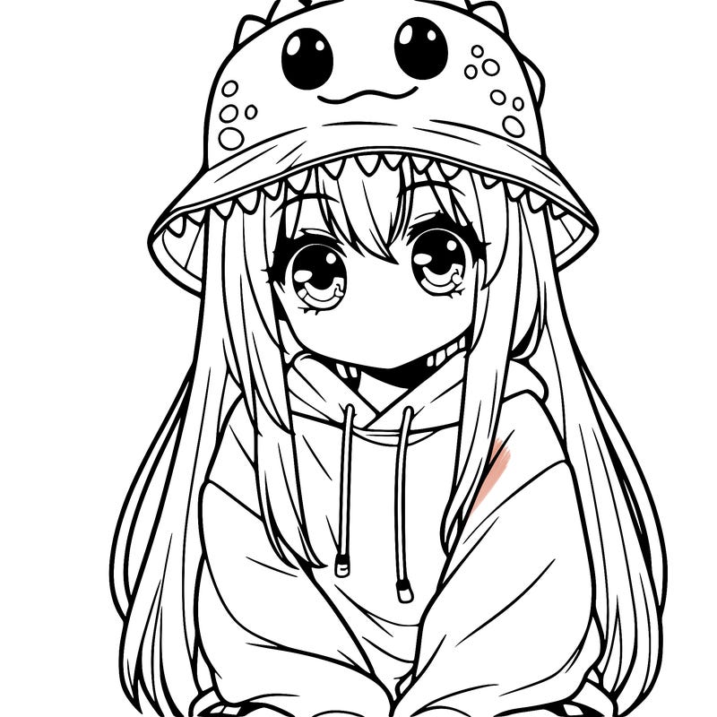 girl with anime shaped eyes with a dinosaur bucket hat oversized sweatshirt long straight hair
