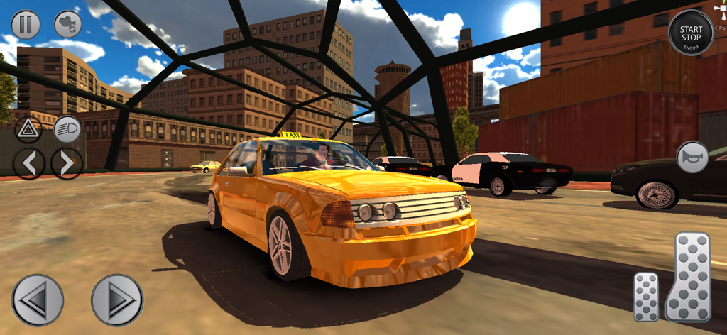 Grab City Taxi: Car Games 3D - Un taxi amarillo conduciendo por un entorno urbano en 3D en el juego de simulación Grab City Taxi