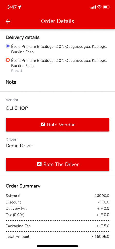 Yugo - Captura de tela da página de detalhes do pedido do aplicativo Yugo mostrando endereço de entrega, informações do fornecedor e resumo do pedido.