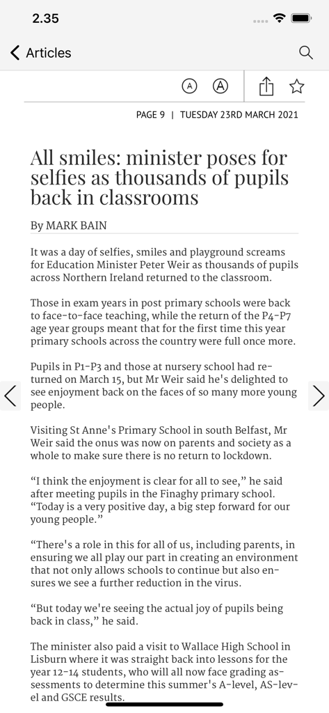 A news article titled All smiles displayed in the Belfast Telegraph ePapers app.