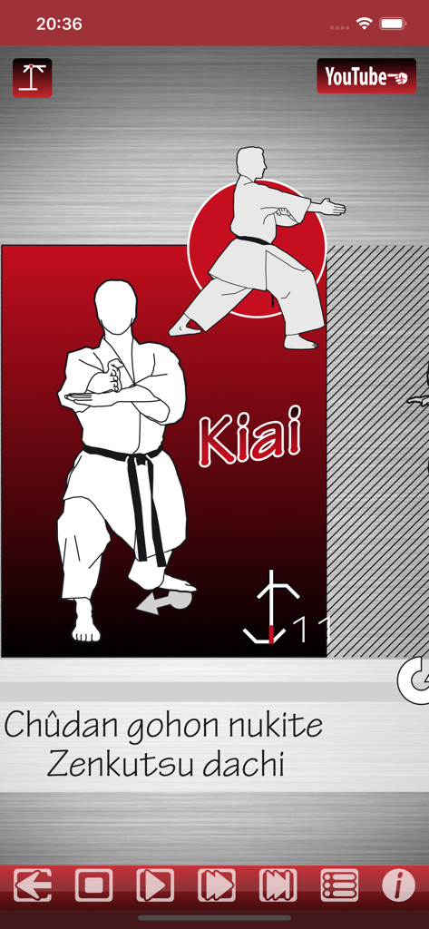 Shotokan Karate app interface showing a kata move with Japanese technique terminology and stance names