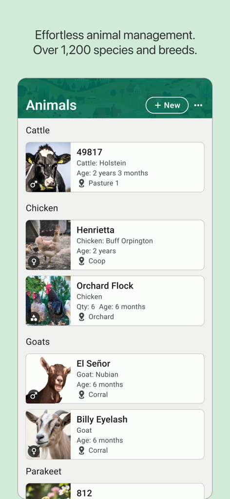 FarmKeep mobile app interface showing a list of managed farm animals including cattle chickens and goats
