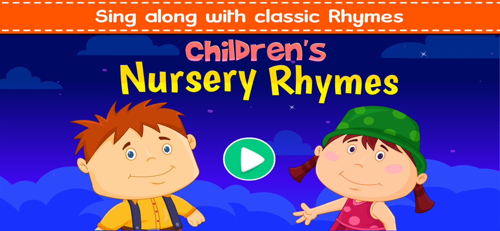 Childrens Nursery Rhymes app home screen with cartoon characters and a play button