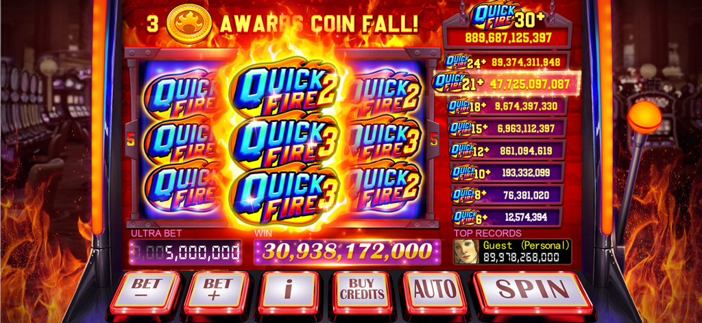A Quick Fire slot machine game interface showing a major jackpot win and flaming reels