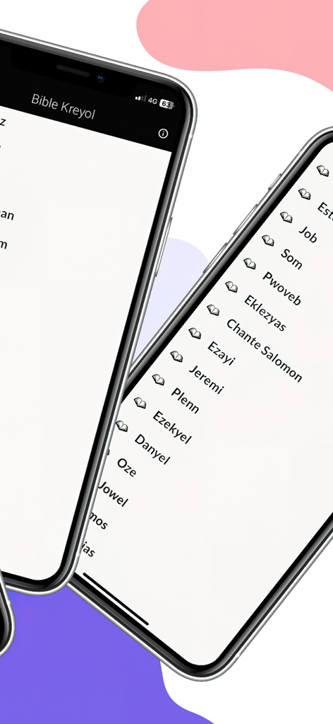 Bib Kreyol - Duas telas de smartphone exibindo uma lista de livros da Bíblia em crioulo haitiano