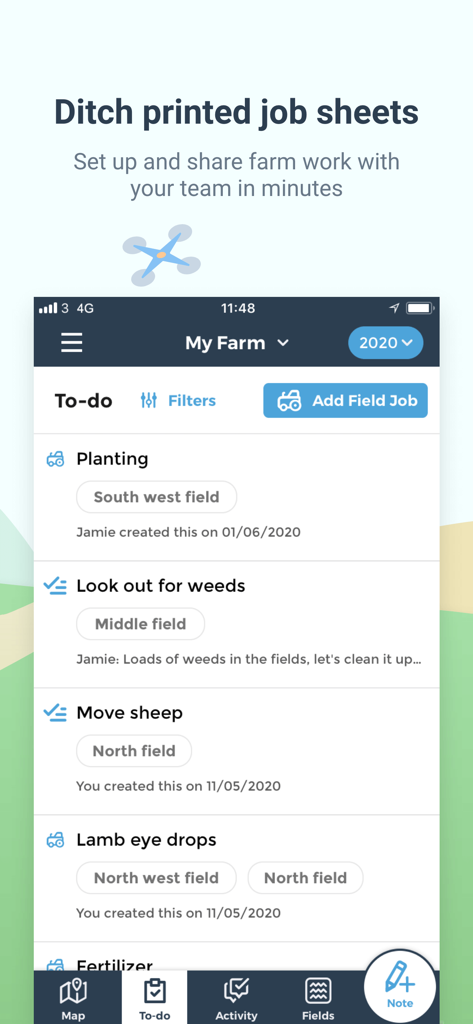 Elenco digitale delle cose da fare nell'app fieldmargin per la gestione delle attività agricole e la collaborazione del team