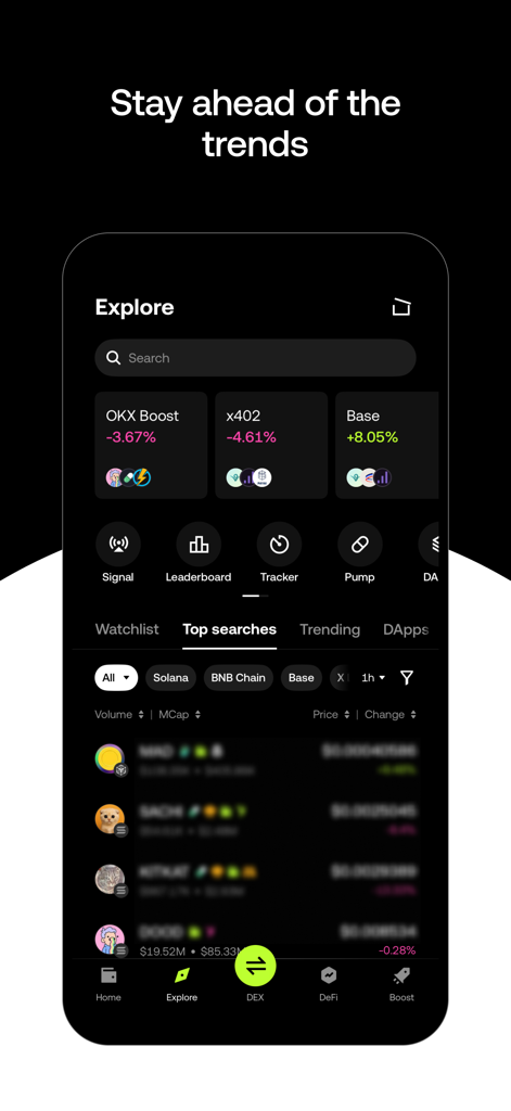 OKX Wallet Explore-Bildschirm mit trendigen Kryptowährungs-Tokens und On-Chain-Marktsignalen