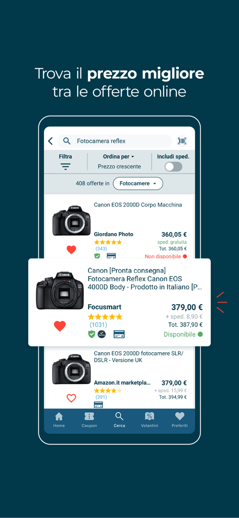 Interface de l'application Trovaprezzi montrant une liste de prix d'appareils photo reflex numériques de différents détaillants en ligne