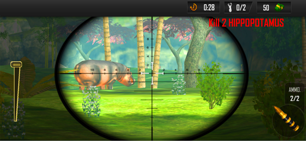 Deer Hunting Wild Animal Games - Sniper scope view aiming at a hippopotamus in a jungle hunting game environment