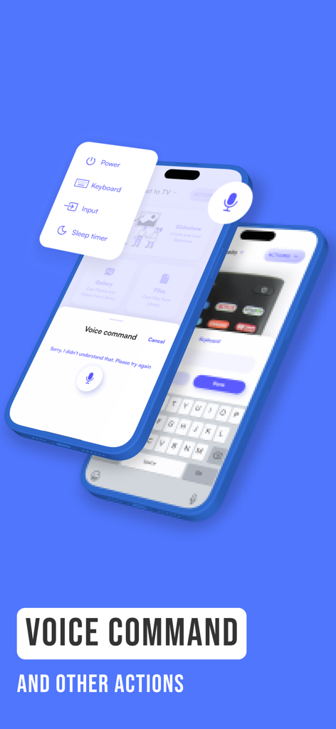 Viz Smart TV remote app interface showing voice command and digital keyboard features on iPhone