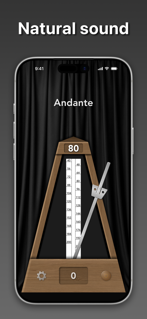 True Metronome - Interface da aplicação True Metronome com um metrônomo mecânico realista com design de madeira e pêndulo.
