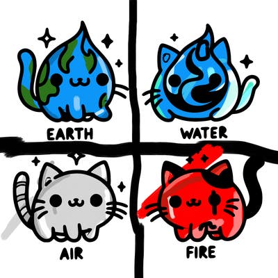 4 cats that represent the different elements, earth, water, air, and fire