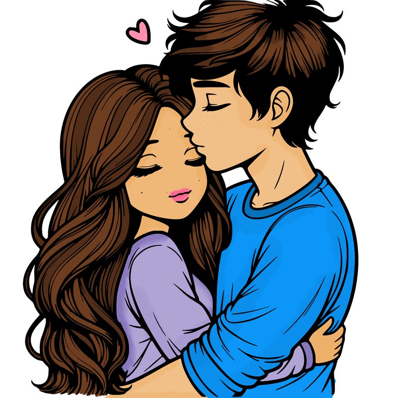 a realistic couple boy and girl hugging and kissing