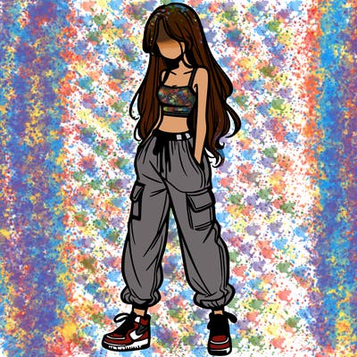 girl in baggy pants crop top and long hair