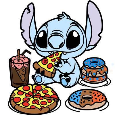 stich eating pizza and donuts