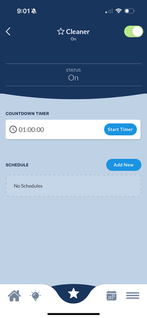 OmniLogic - OmniLogic app interface showing pool cleaner controls with a one hour countdown timer and schedule options