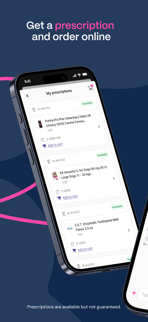Pantalla del smartphone de la aplicación Vetster que muestra una lista de recetas disponibles para mascotas con una función de agregar al carrito.