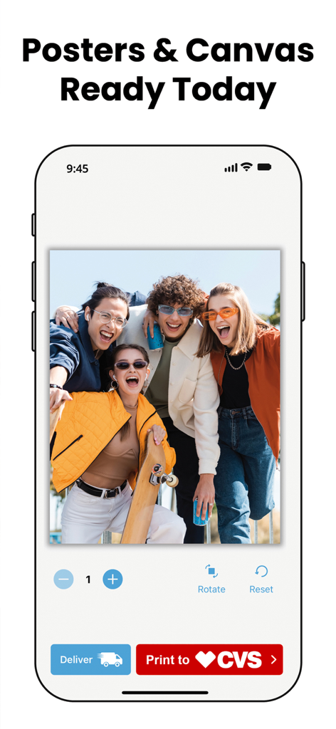 Photo Prints Now: CVS Photo - Mobile app screen showing a group photo being edited for poster or canvas printing with options for home delivery and same day CVS pickup
