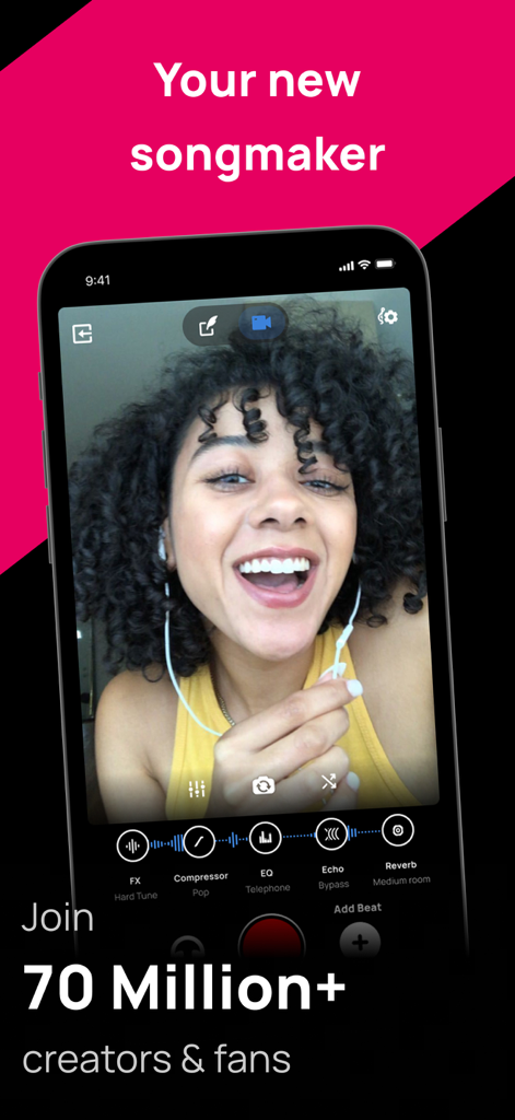 Voloco app interface showing a young woman using vocal effects and recording tools