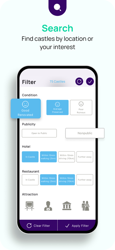 Castle.Tips-beautiful Castles! - Search filter screen showing options to find castles by condition publicity and nearby facilities