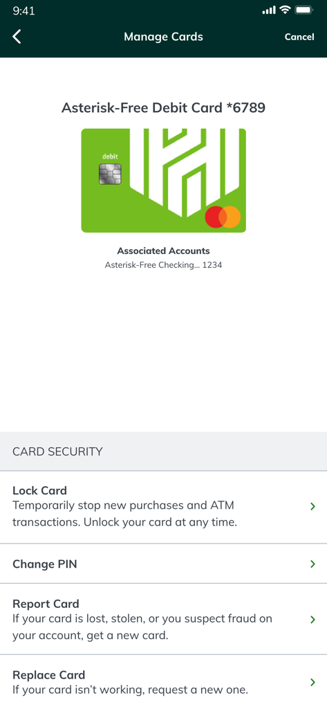 Huntington Mobile Banking - Huntington Mobile Banking app interface for managing debit card security settings