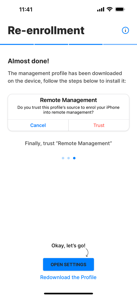 Step-by-step guide in Exodus Companion app for trusting a remote management profile during device re-enrollment