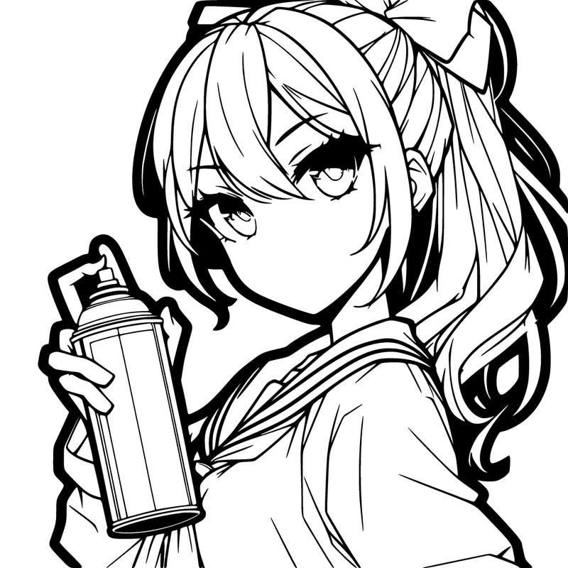 a anime girl who looks super pretty and cool holding a spray and has a ponytail