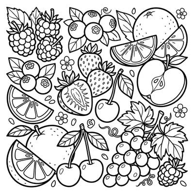 Dive into a world of delicious colors with this vibrant fruits and berries coloring page, designed especially for kids. It's packed with all your favorite healthy snacks, ready to be brought to life with crayons!