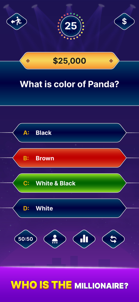 Millionaire Quiz: Trivia Games - Millionaire Quiz app showing a multiple choice trivia question about a panda