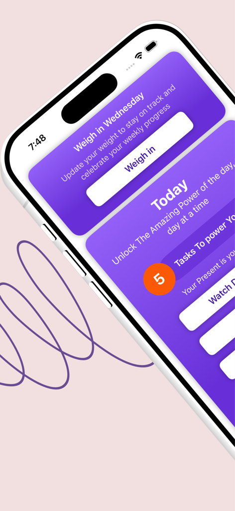 MyBodySlims - MyBodySlims app interface on an iPhone featuring a weigh in reminder and daily task dashboard