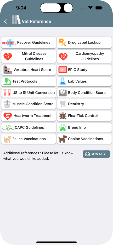 Vetcalculators - Vetcalculators app screen showing a menu of veterinary reference tools including medical guidelines lab values and vaccination schedules