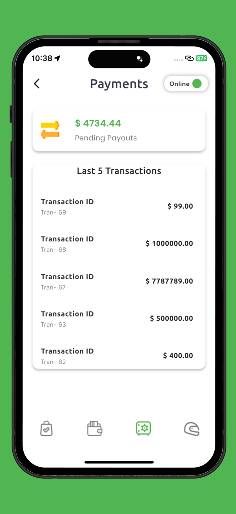 Delicart  Partner - Delicart Partner app payments dashboard showing pending payouts and a list of the last five transactions.