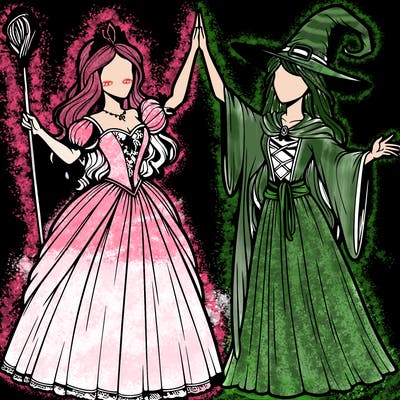 detailed realistic split of a princess and a witch