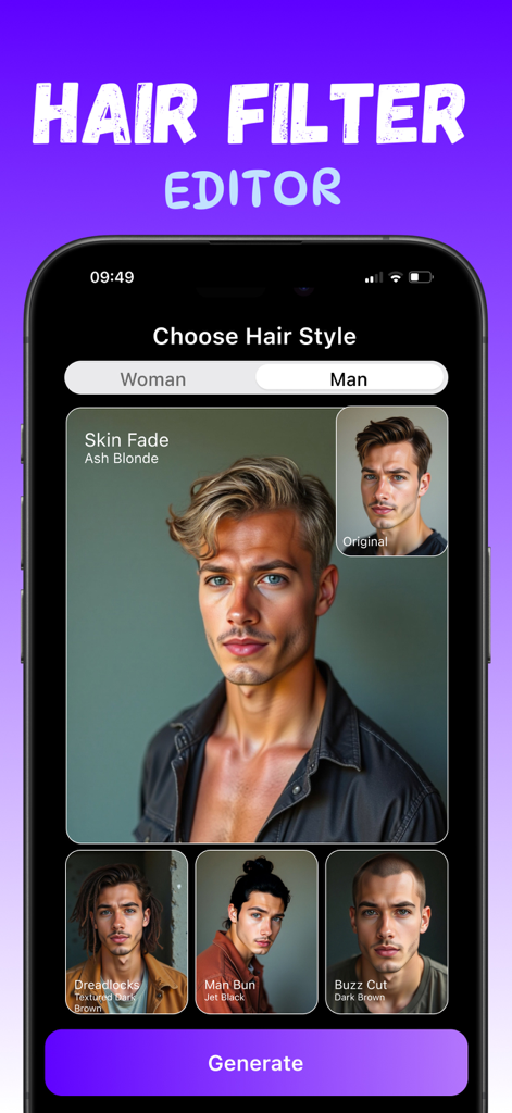 Hairstyle AI - Hair Cut Filter - AI hairstyle editor for men showing hair filter options like skin fade and buzz cut