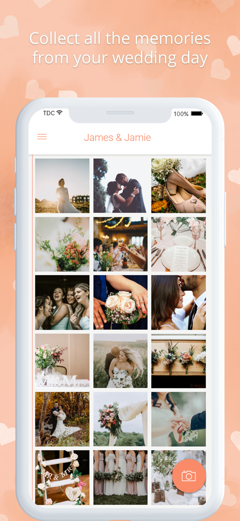 Wedding photo app by Wedbox - A smartphone showing the Wedbox app interface with a grid of wedding photos and a collection of memories