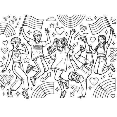 Dive into the joy of Pride Month with this energetic coloring page featuring diverse teenage dancers. Express your creativity by bringing this celebration of love and community to life with your favorite colors.