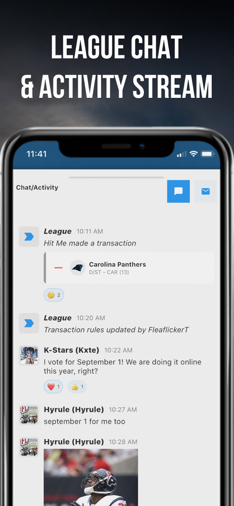 Fleaflicker app interface showing league chat messages and activity stream updates
