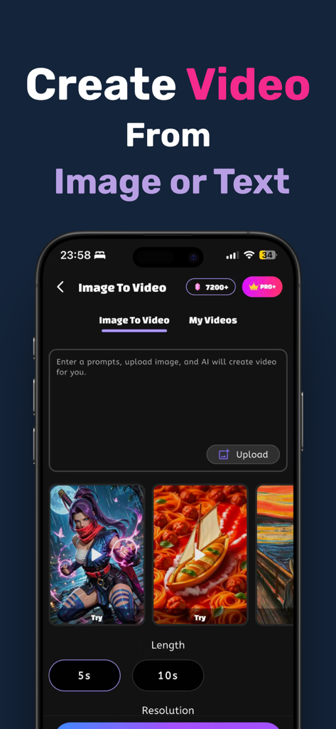 Yollo AI: Roleplay, AI Video - Pantalla de la aplicación móvil Yollo AI mostrando la herramienta de generación de imagen a video con indicaciones personalizadas y opciones de duración de video